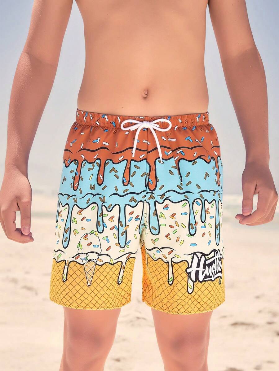 Teen Boys' Ice Cream Print Drawstring Waist Beach Shorts, Placement Print - Brown - View 1