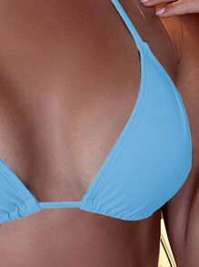 SHEIN Swim Women's Pale Blue & Sky Blue Refreshing Bikini Top, Casual Beach Resort Party Swimwear, Spring/Summer - Blue - View 3