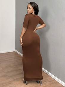 SHEIN SXY 女士纯色 V 领紧身短袖连衣裙 hoco 连衣裙 - 巧克力棕 - 查看 2