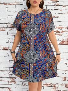 SHEIN LUNE 大码女式夏季波西米亚印花圆领短袖连衣裙