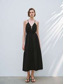 Lumivelle Women's Vacation Striped A-Line Elastic Waist Spaghetti Strap Dress - Black - View 1