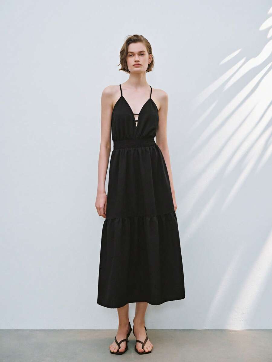 Lumivelle Women's Vacation Striped A-Line Elastic Waist Spaghetti Strap Dress - Black - View 1