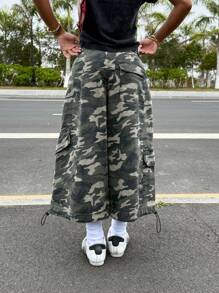 Muchica Camo Print Women's Drawstring Waist Loose Wide Leg Cargo Jeans - Multicolor - View 2