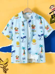 Paul Frank X SHEIN Camisa polo casual de manga curta com estampa de desenho animado para meninos adolescentes, praia, azul-marinho, resort, verão - Verde-azulado - Ver 6