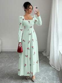 Modelyn Women's Printed Contrast Fabric Maxi Fitted Dress Fall Cloth For Women - Green - View 8