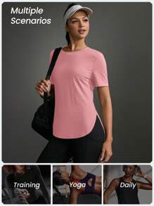 SHEIN Sports 女士休闲透气圆领短袖运动户外T恤，夏季 - 藕粉色 - 查看 5