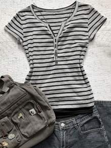 INAWLY 大码女式时尚条纹印花休闲短袖T恤 - 灰色 - 查看 1