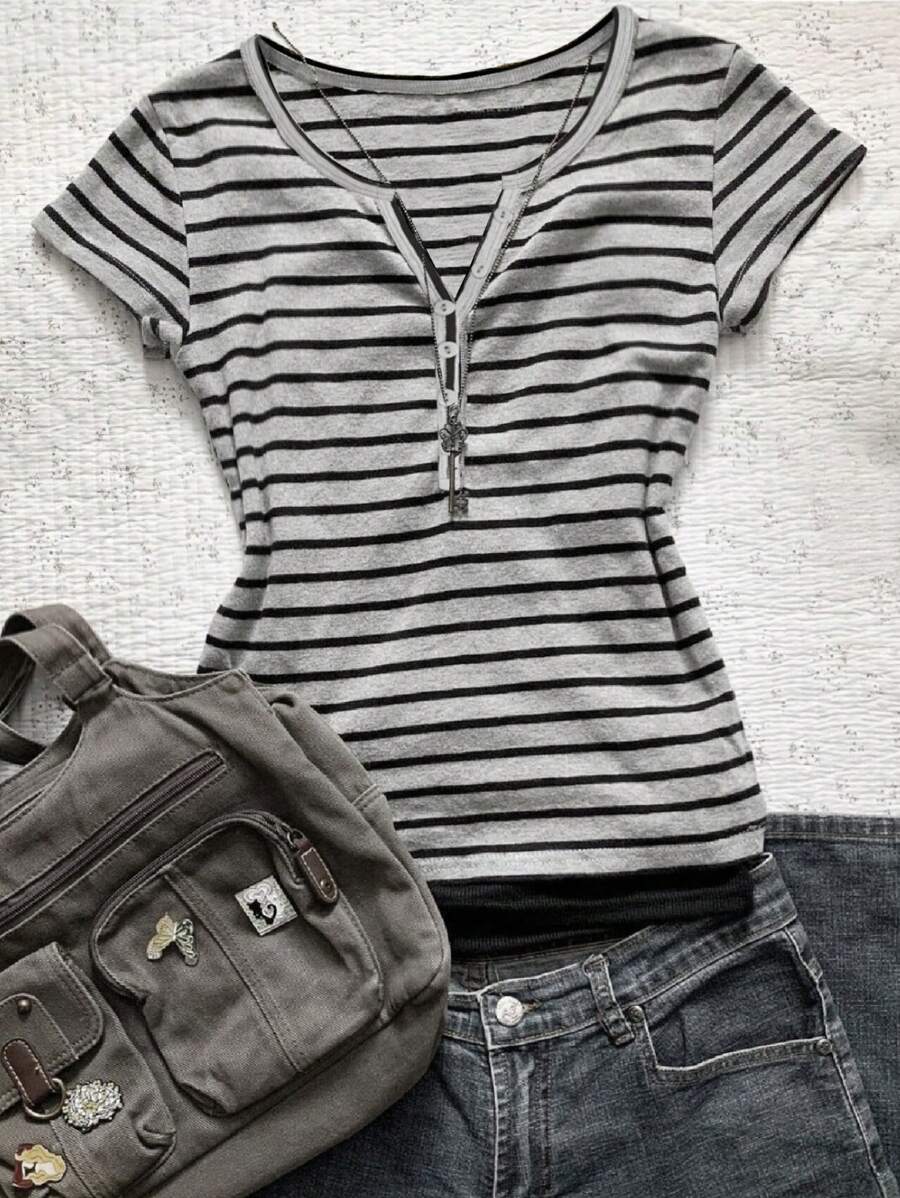 INAWLY 大码女式时尚条纹印花休闲短袖T恤 - 灰色 - 查看 1