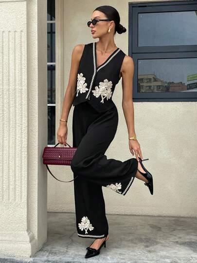 Siren Gaze Conjunto de dos piezas de chaleco elegante bordado con flores y pantalones para mujer, look de oficina de viaje, estilo de dinero antiguo, ropa diaria de verano, conjuntos de verano para mujer, ropa occidental, ropa casual de negocios para mujer, ropa de verano para mujer plus, ropa formal de verano para mujer