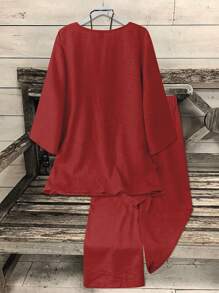 Omancia 1 套女式 V 领椰子纽扣装饰 3/4 袖上衣 + 纯色直筒裤，休闲/工作服两件套 - 紅色 - 查看 2