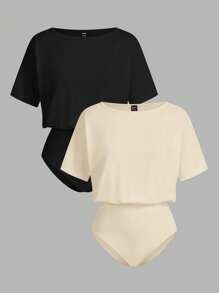 SHEIN LUNE 2pcs/Set Casual Solid Color Versatile Women Bodysuit, Suitable For Spring/Summer Carnival - Multicolor - View 8