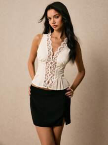 Poéselle Women Fashion Woven Trim V-Neck Sleeveless Top, Summer Tops, Going Out Tops Women, Cute Summer Tops, Vacation Outfits Women, Summer Outfits For Women - Apricot - View 1