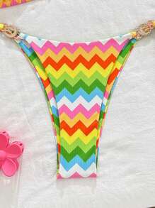 Swim Mod 2 pièces/set Ensemble de bikini avec Top à lacets et bas triangle à imprimé aléatoire de rayures pour femmes, tenue d'été et de plage