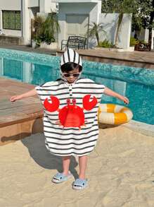 SHEIN 1pc Young Boys' Casual Cartoon Crab Striped Hooded Sleeveless Romper Swimsuit Robe, Suitable For Spring/Summer, Beach/Water Activities - Multicolor - View 3