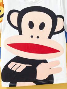 Paul Frank X SHEIN 2 buc/Set Tânăr Băiat Imprimat Desene Animat Alb Casual Drăguț Tricou cu mânecă scurtă și Pantaloni scurți negri, Set sport confortabil de vară