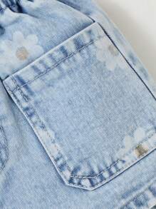 Denimly Young Girls Vintage Botanical Print Cute Casual Urban Light Washed Elastic Waist Denim Shorts, School, Campus, College