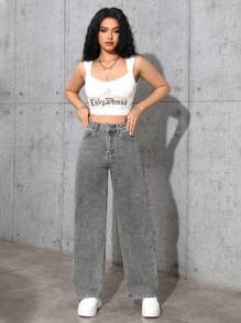 SHEIN Casual Relaxed Straight Leg Washed Denim Jeans - Light Grey - View 6