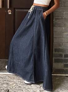 Livesso 女士纯色抽绳腰休闲百搭牛仔半身裙 - 藏蓝色 - 查看 5