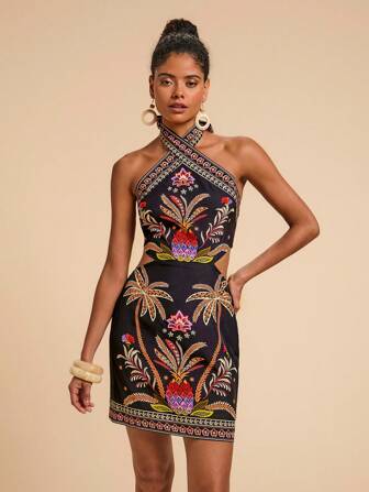 Travachic Vacation Style Tie Neck Backless Hollow Out Waist Mini Dress For Women,Bohemian Clothes