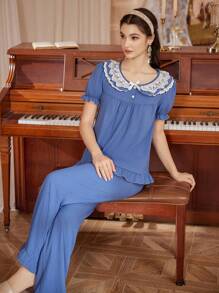 PalaceNights Retro Palace Style Ruffled Collar Puff Sleeve Long Pants Pajama Set Holiday Season - Blue - View 6