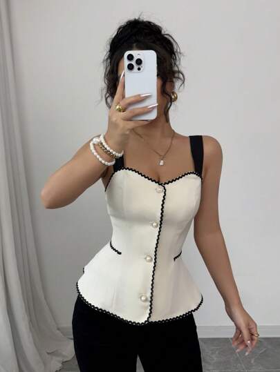 Elenzga Top de camisa elegante de mujer con decoración de ribete de contraste y cintura ceñida, top de camisa de diseño a cuadros de corte slim y de uso versátil y a la moda