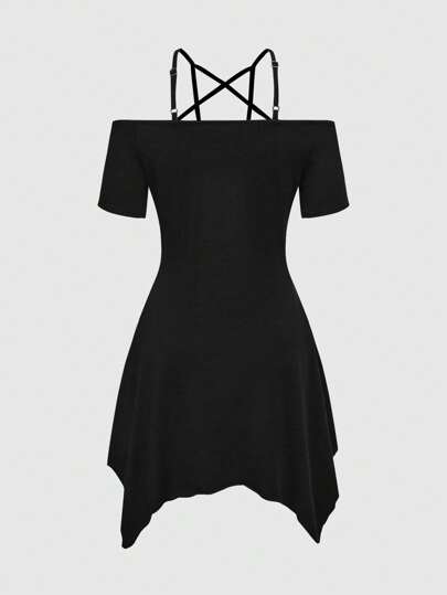 Goth Gothic Sexy Off Shoulder Star Pattern Lace-Up Mini Dress For Women