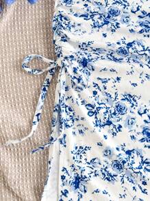 SHEIN Tween Girls Casual Academy Style White Base Blue Floral Print Slit Drawstring Waist Maxi Skirt