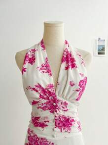 Soleia Vestido largo de mujer holgado con estampado floral, escote halter y espalda descubierta