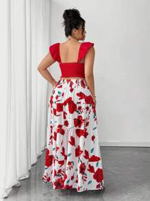 SHEIN PETITE CURVE 2pcs Women Sexy Ruffle Floral Print Bikini Set - Red - View 2