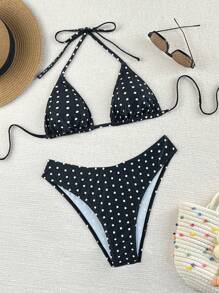 Swim Mod 2026 Spring/Summer Women's Polka Dot Print Halter Neck Swimsuit With High Cut Bottoms, 2-Piece Bikini Set