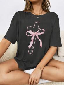 INAWLY Christian Shirts, Bohemian Christian T-Shirts, Comfortable Colorful T-Shirts, Bible Verse Shirts, Pink Bow Cross Faith Tops, Outfits, Jesus Ladies T-Shirts - Grey - View 1