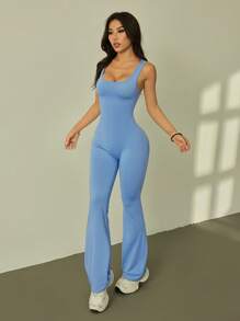SHEIN PETITE Summer Solid Color Hollow Out Flare Skinny Jumpsuit