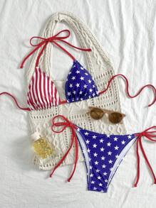 Swim Vcay 2025年夏季女士7月4日美国国旗印花系带比基尼套装，适合海滩和度假 - 彩色 - 查看 1