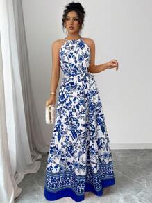 Firerie Women's Elegant Romantic Fashionable Commuting Sexy Graceful Blue & White Maxi Dress, Suitable For Party, Beach Holiday, Back To School, Romantic Date, Wedding Season, Birthday, Easter, Summer Dress, Vacation Outfits Woman - Blue and White - View 3