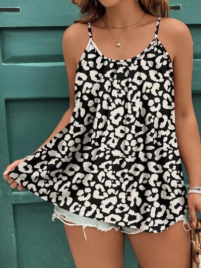 EMERY ROSE Casual Minimalist Full Leopard Print Pattern Women Loose Fit Cami Tank Top, Suitable For Spring And Summer