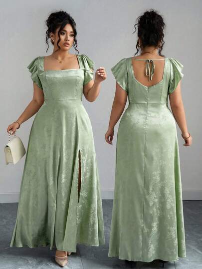 Elenzga Plus Size Women's Square Neck Ruffle Sleeve Split Hem Long Dress, Green Jacquard Fabric, Versatile For Casual, Work, Party, Bridesmaid, Graduation Ceremony, Comfortable And Fashionable