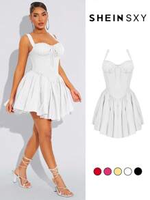 SHEIN SXY 公主风格红色芭蕾舞短裙，适合生日/约会/派对，带内置裙撑（不可拆卸）婚礼宾客礼服女士 - 白色 - 查看 7