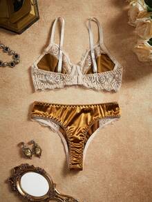 SHEIN مجموعة ملابس داخلية من قطعتين، سلكية بدون حمالة صدر وسروال من الدانتيل للنساء - متعدد الألوان - مشاهدة 2