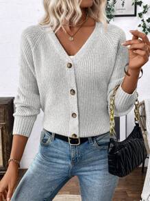 EMERY ROSE 女士百搭V领开衫毛衣外套，宽松休闲简约风格