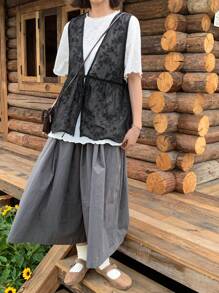 FRIFUL Women's Loose T-Shirt, Textured Fabric, Round Neck, Mid-Sleeve, Casual Summer Wear - Black - View 2