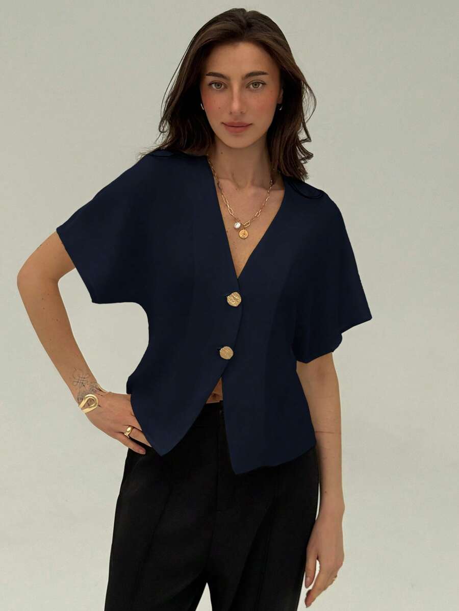 Aloruh Elegant Bat Wing Sleeve Open Front Solid Simple Blouse - Navy Blue - View 1
