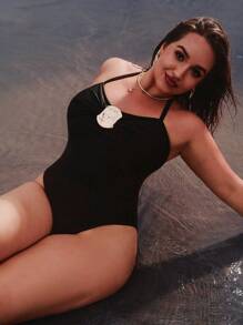 Auralis Women's Black Plus Size One-Piece Swimsuit,Classy Formal Evening Holiday Summer Beach Vacation Outfits,Boho Gold Metal Buckle Halter Bikini Swimwear - Brown - View 4