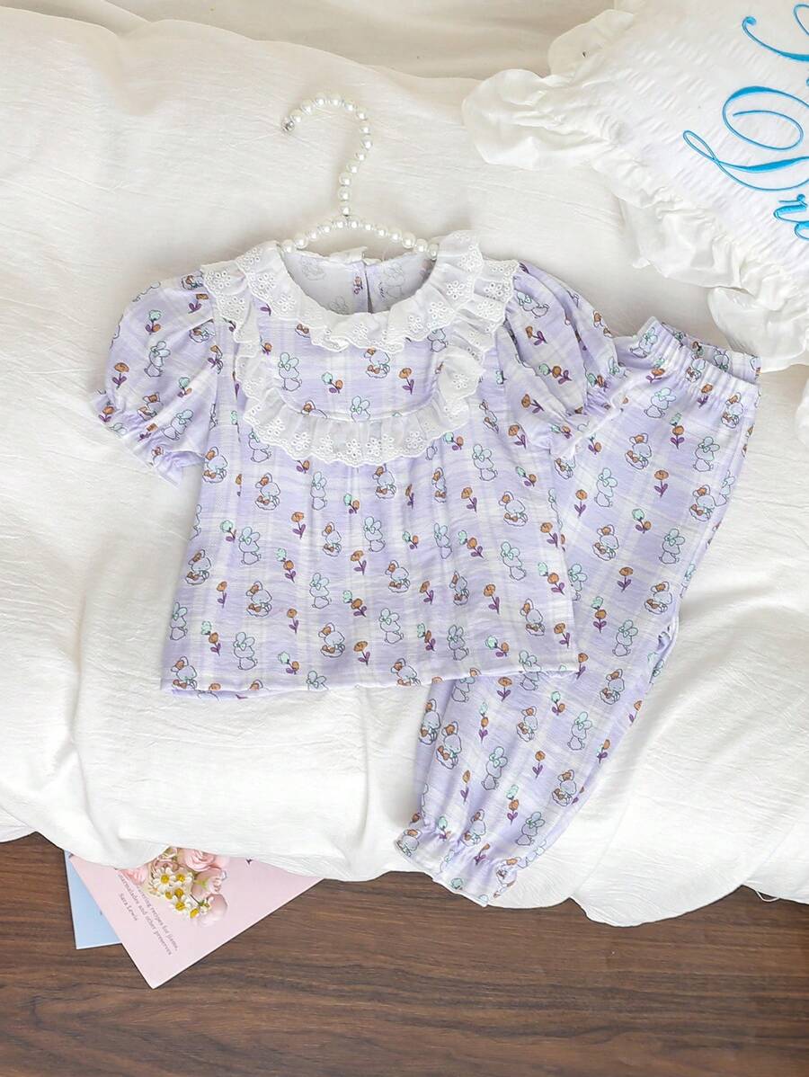 2pcs Baby GirlSoft & Comfy Purple Cute Rabbit Floral Print Top With Embroidered Collar & Back Keyhole Closure,Paired With Pants, Lovely Loungewear Set - Purple - View 1