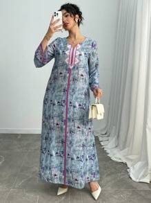 SHEIN Najma 女士休闲宽松V领阿拉伯连衣裙，日常穿着，端庄 - 藍色 - 查看 5