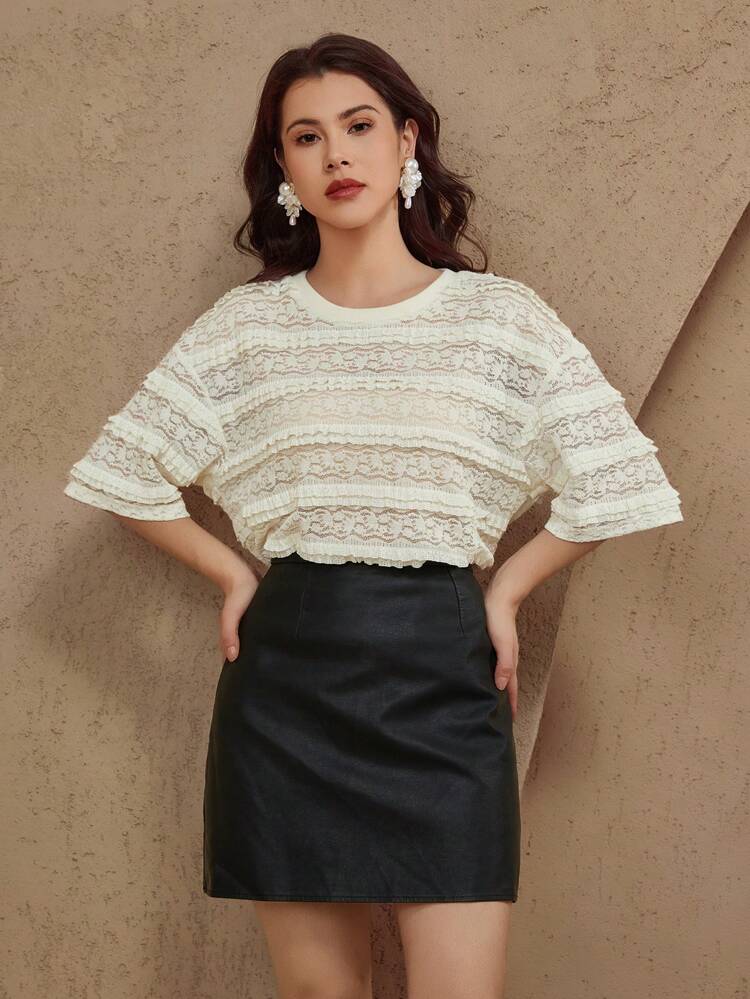 Solid Color Lace Trim Loose Short Sleeve Casual Holiday Summer Shirt For Women