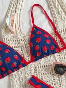 Swim Mod Sweet Strawberry Print Bikini Set, Spaghetti Strap Triangle Top & High Cut Bottom, Beach/Holiday Swimwear