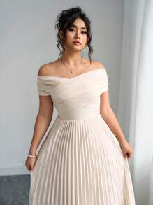 SHEIN PETITE CURVE Plus Size Women Off The Shoulder Ruched Design Dresses, Summer Elegant Formal Dress For Wedding Guest