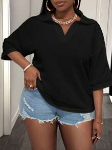 Slaydiva Loose Fit V-Neck Drop Shoulder Crochet Hollow Out Knitted Plus Size White Tops, Casual & Vacation Style, Spring/Summer