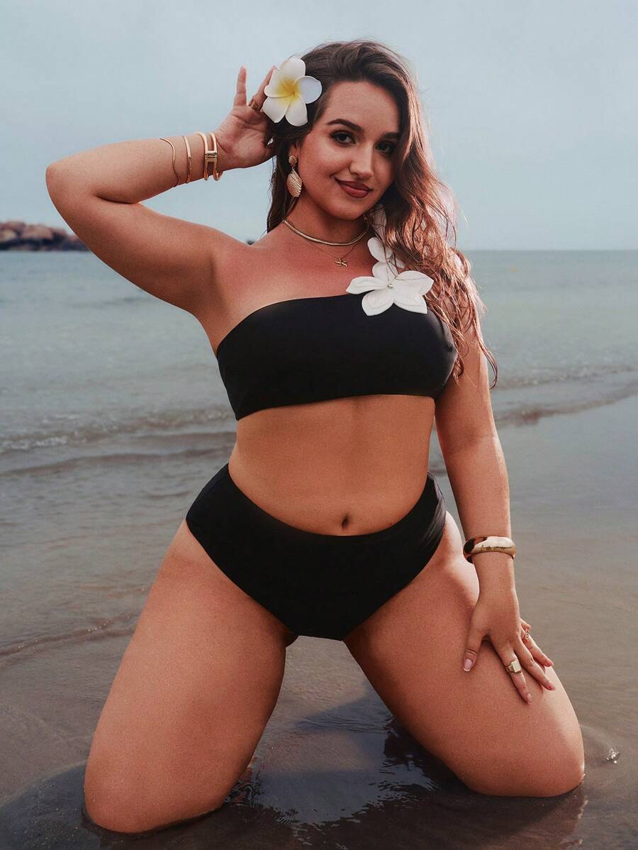 Auralis Plus Size Summer Outfits For Women Beach Outfits For Woman Vacation Outfits Woman Boho Women's Clothing Cruise Outfits Women Beach Vacation Outfits Contrast Floral Applique Asymmetric Tube Top Neck Bikini Set