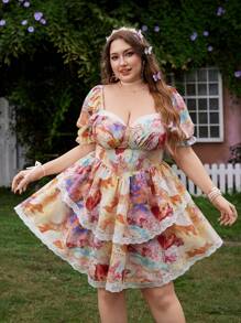 Flirla Váy công chúa dáng ôm eo cao mùa hè thanh lịch cổ điển ngọt ngào lãng mạn nhiều màu sắc họa tiết thiên thần vải in ren tương phản tay bồng viền bất đối xứng váy ngắn công chúa - Nhiều màu - Xem 4